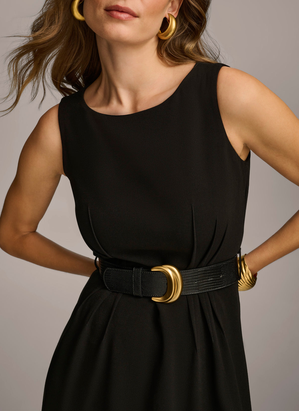 Donna Karan 3/4 Sleeve Collared Neck Belted Linen Midi Dress
