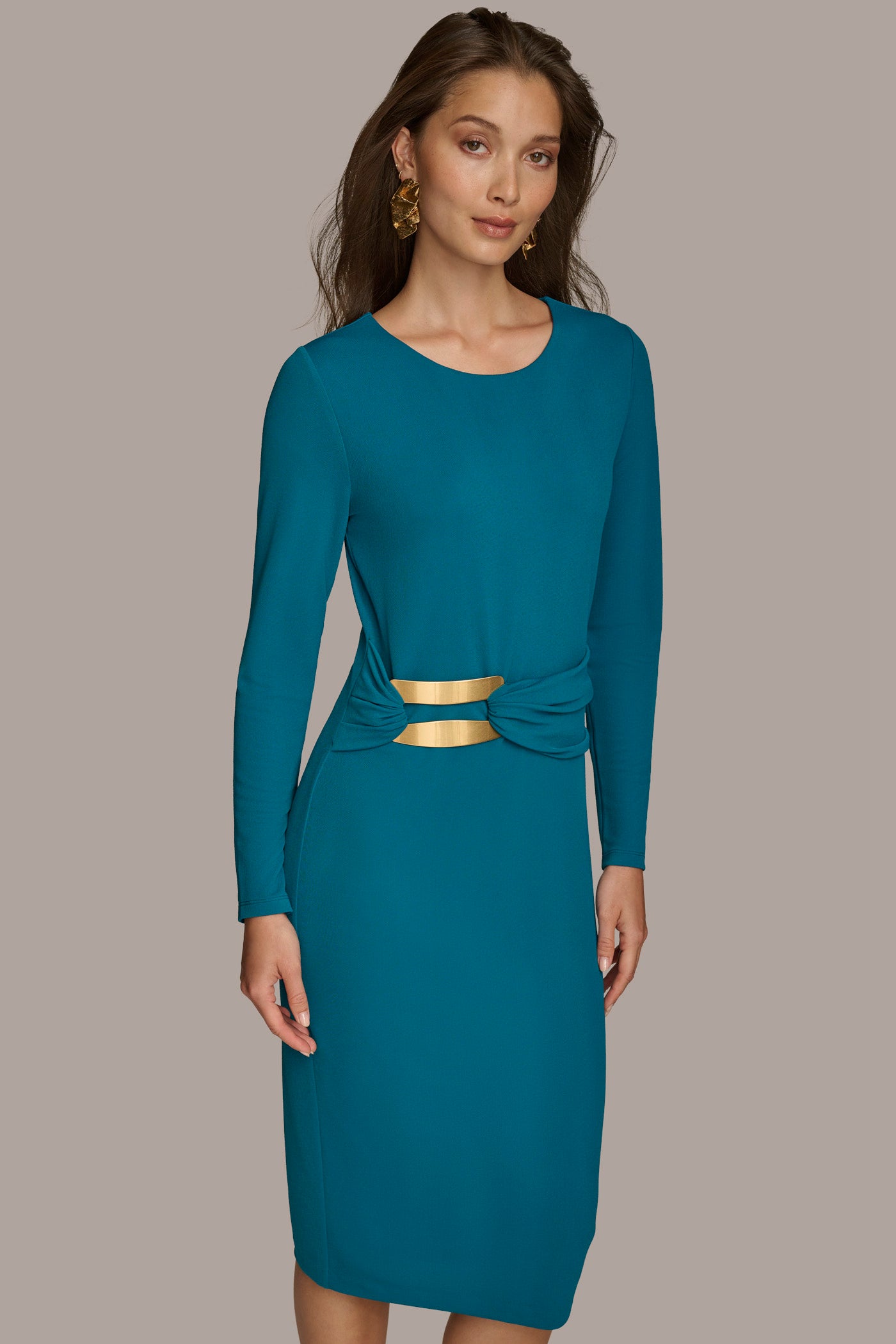 FITTED MIDI DRESS WITH BRUSHED HARDWARE DETAIL