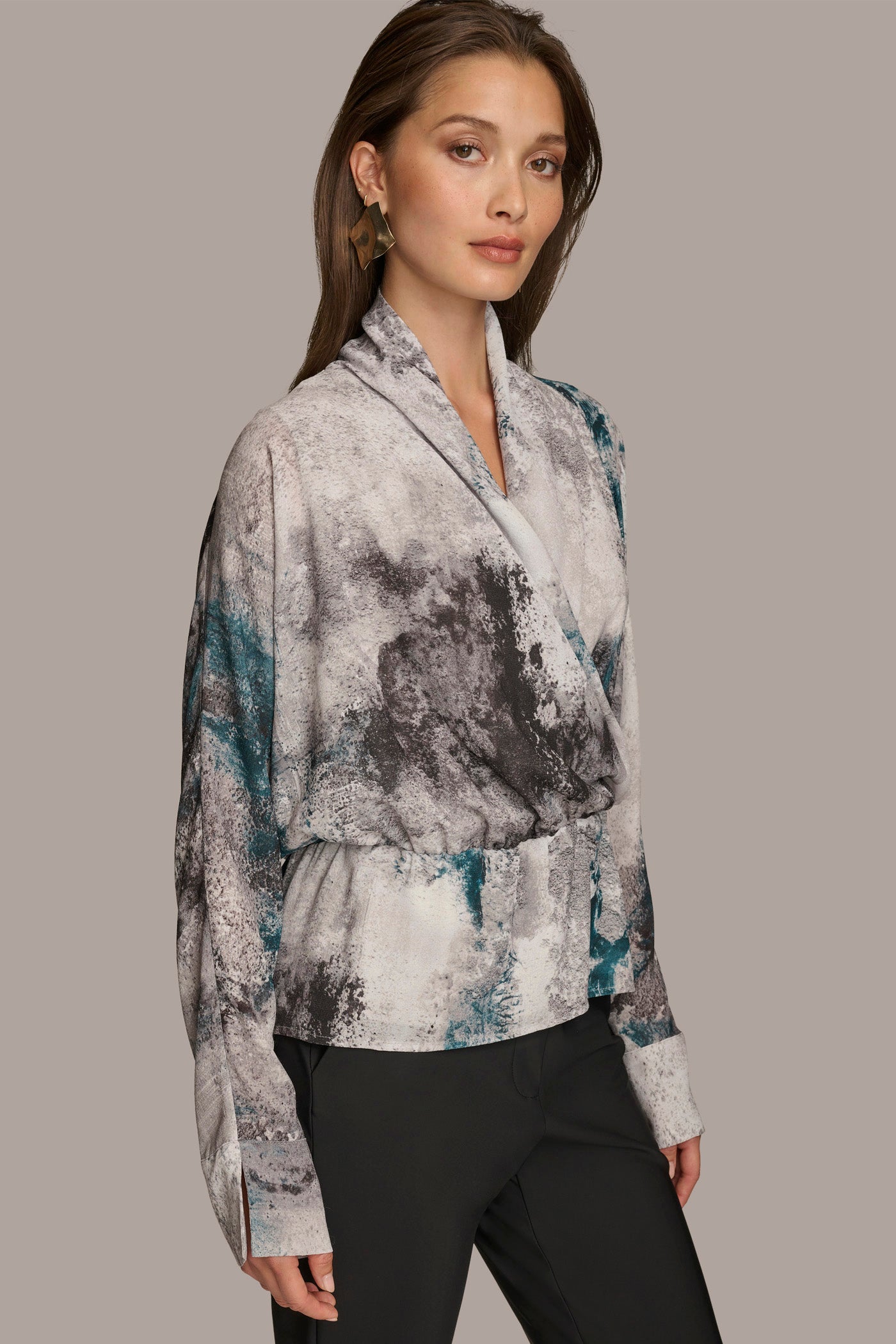 PRINTED FAUX WRAP BLOUSE