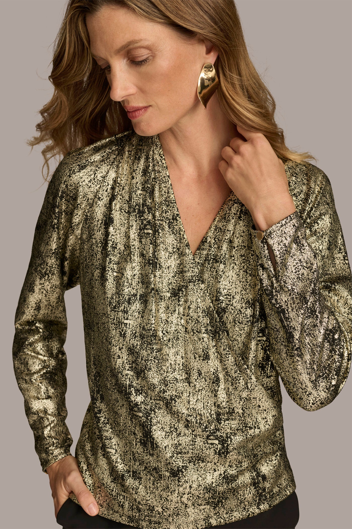 METALLIC FAUX WRAP TOP