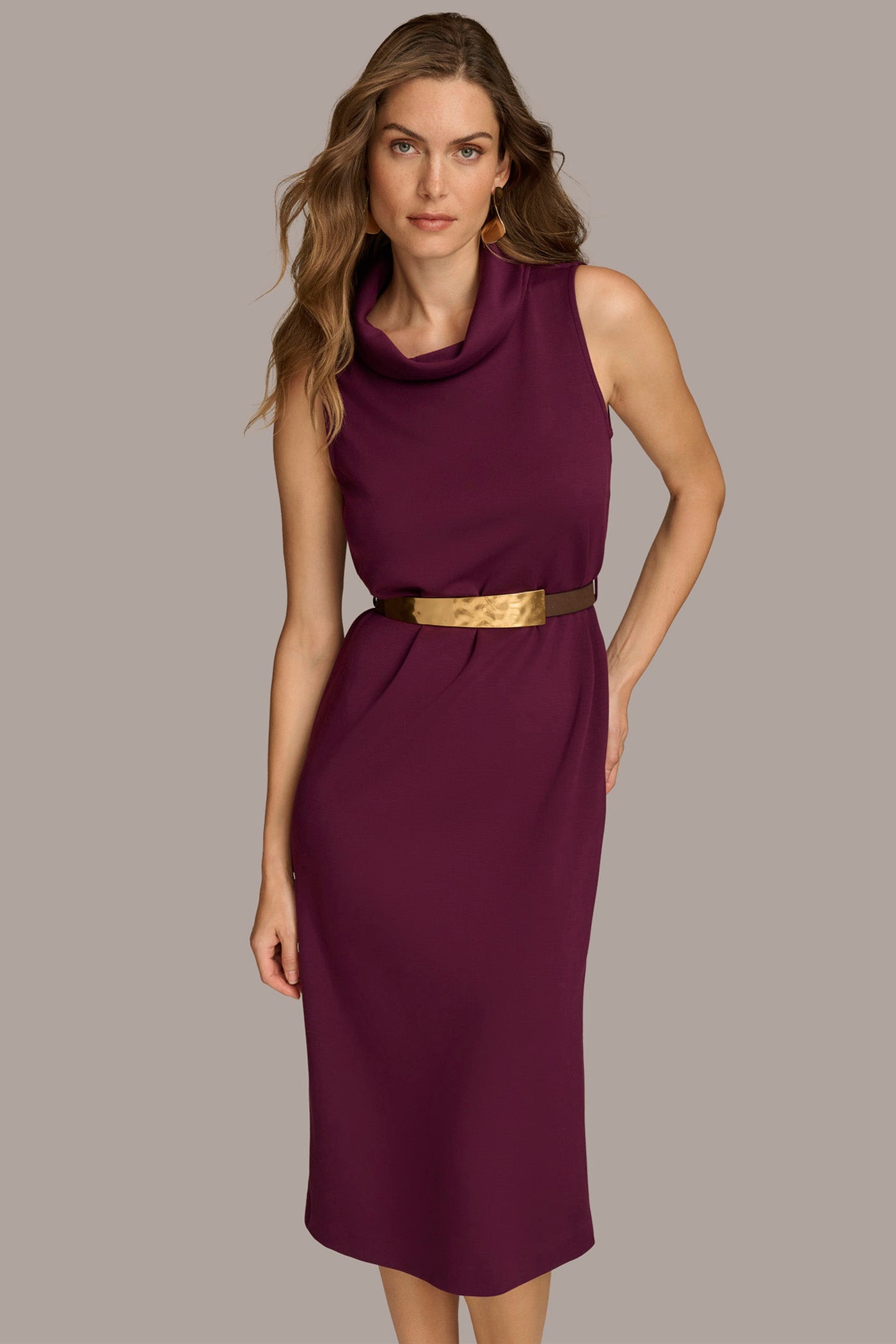 MOCK NECK MIDI DRESS WITH BELT