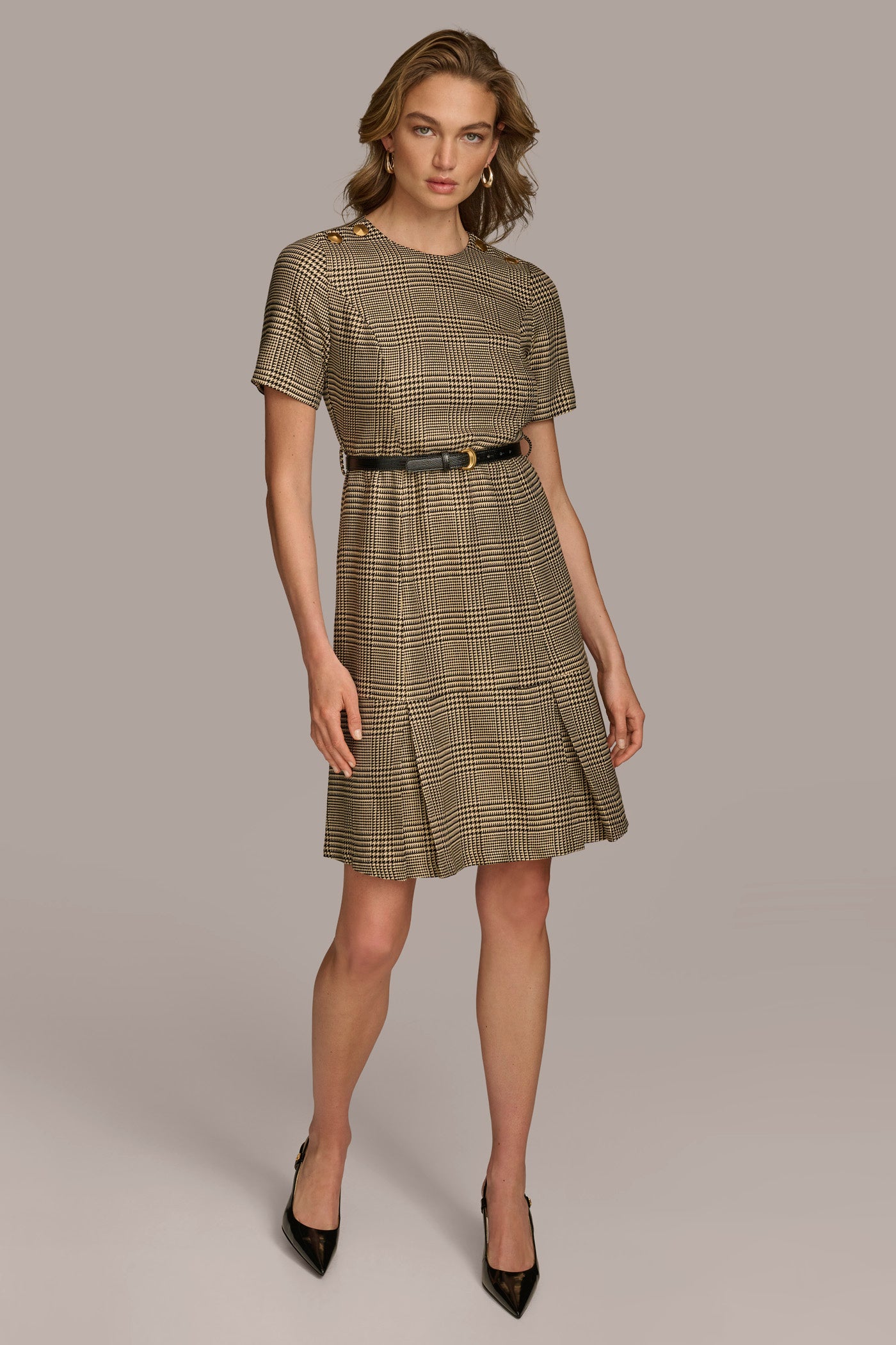 PLEATED PLAID DRESS WITH BELT