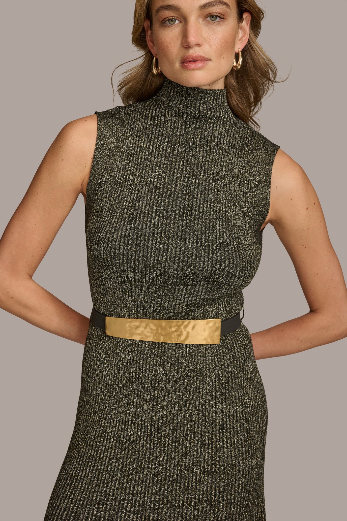 MOCK NECK RIBBED DRESS WITH BELT