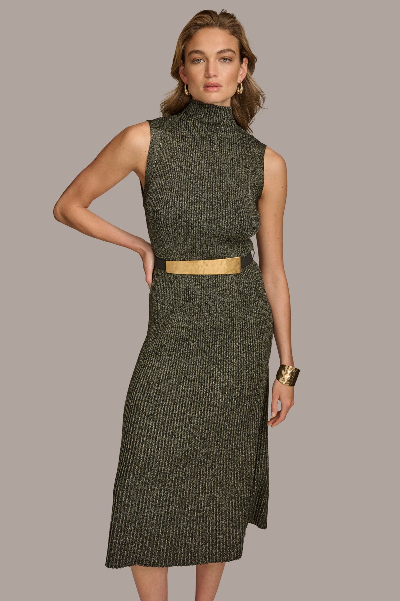 MOCK NECK RIBBED DRESS WITH BELT