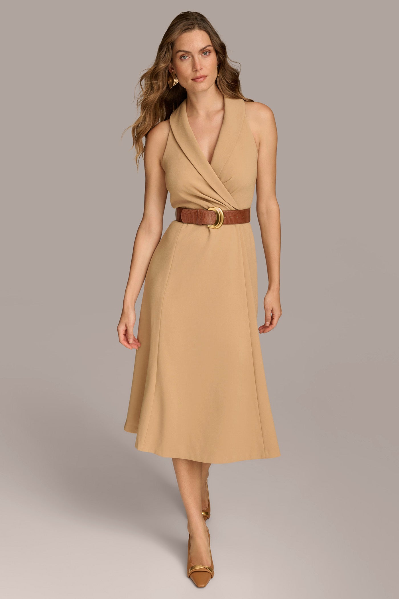 CREPE FIT AND FLARE DRESS WITH BELT