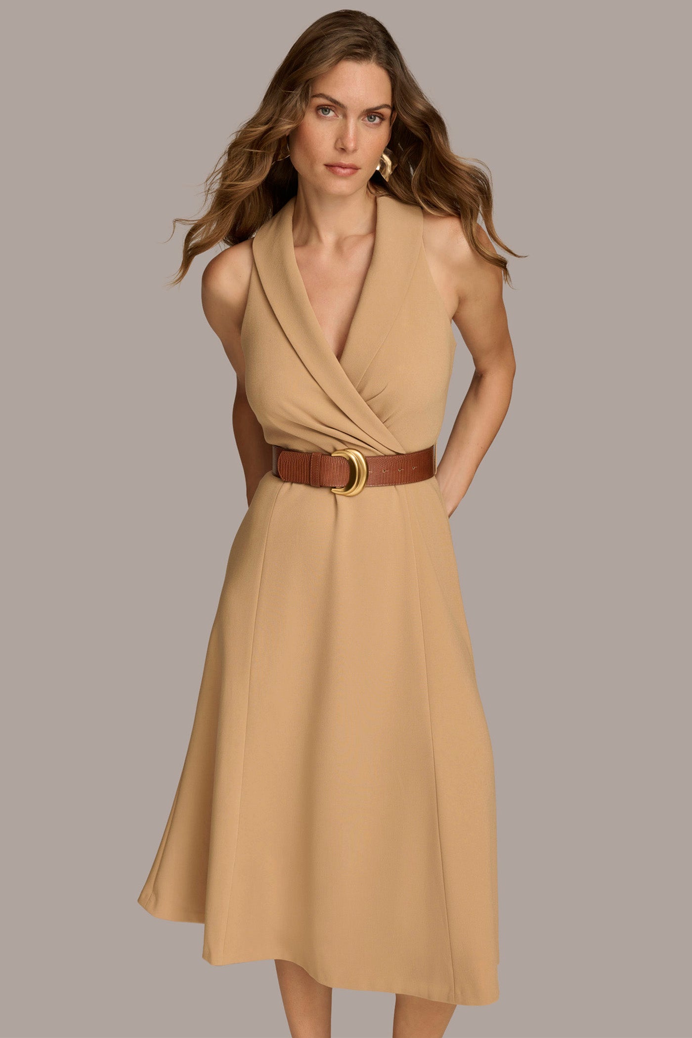 CREPE FIT AND FLARE DRESS WITH BELT