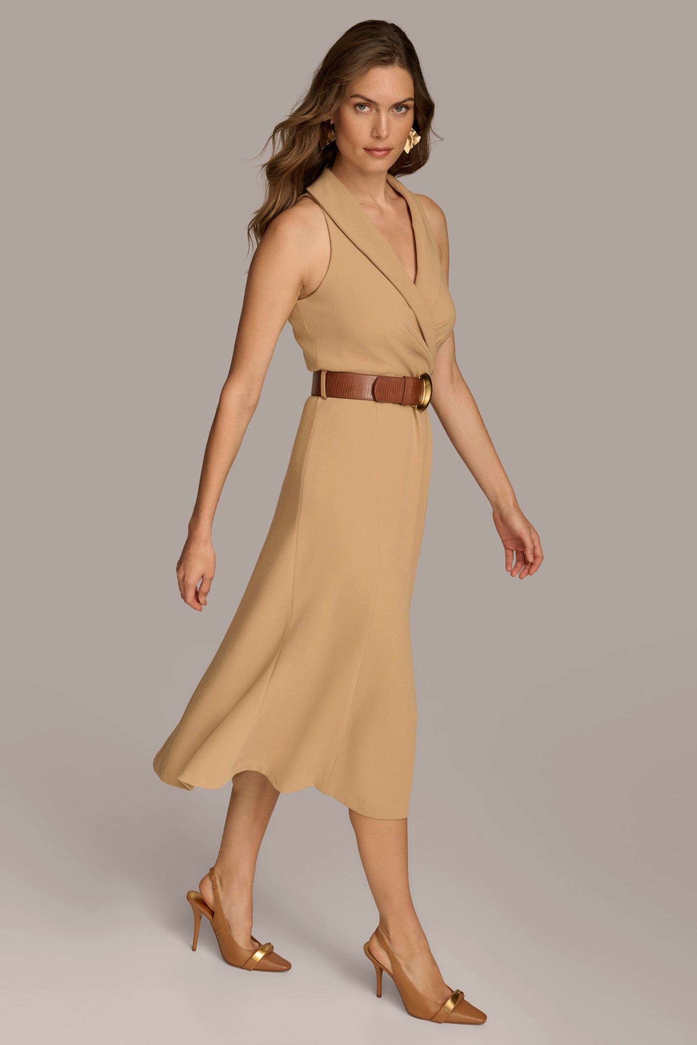 CREPE FIT AND FLARE DRESS WITH BELT