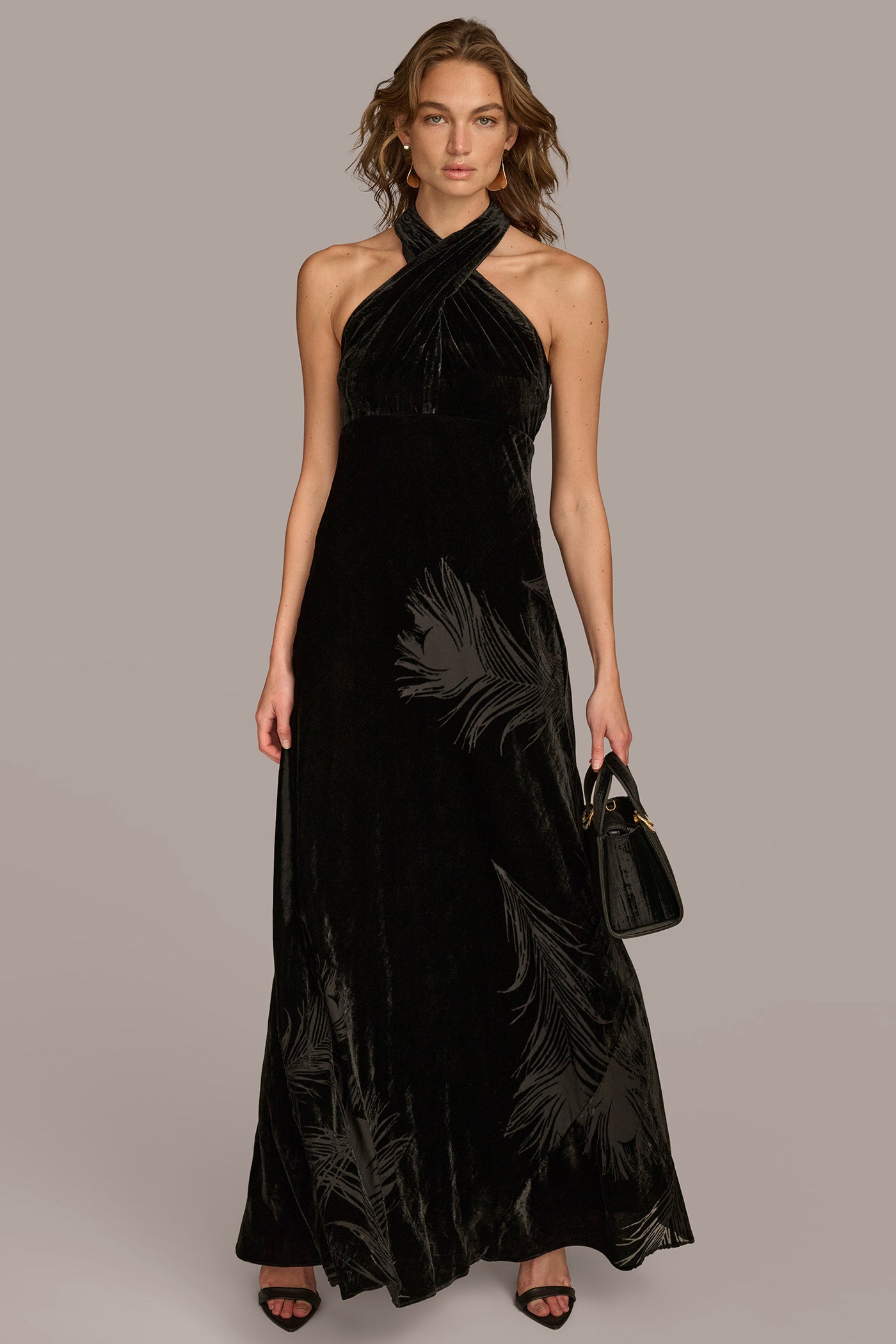 HALTER NECK BURNOUT VELVET GOWN