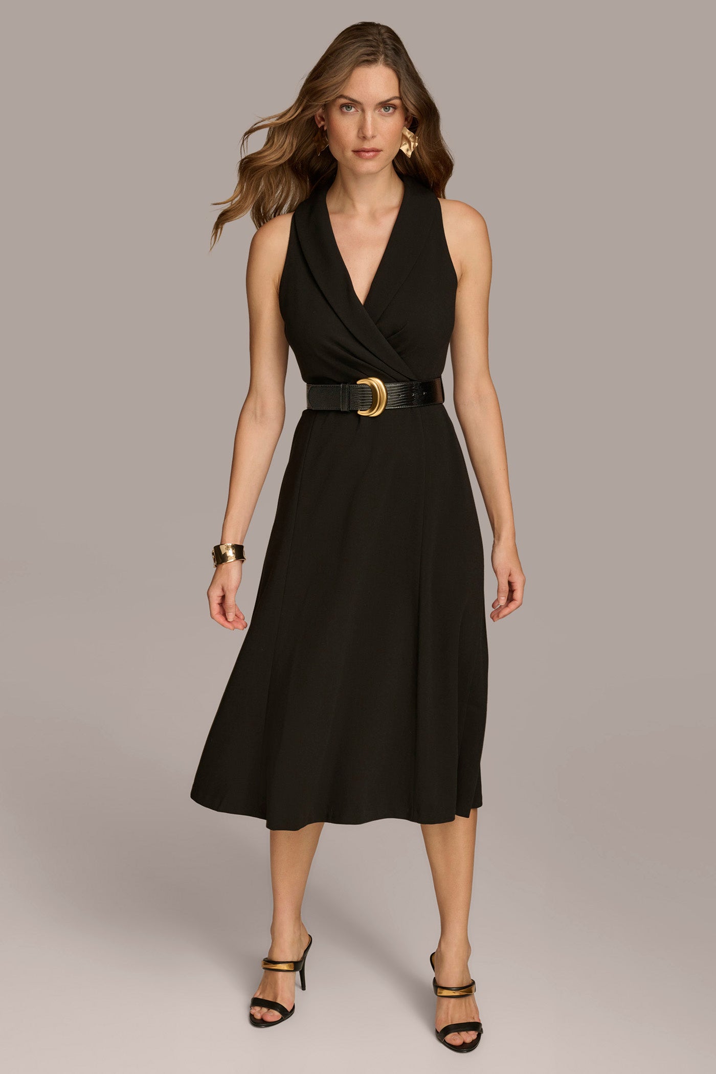 CREPE FIT AND FLARE DRESS WITH BELT Donna Karan