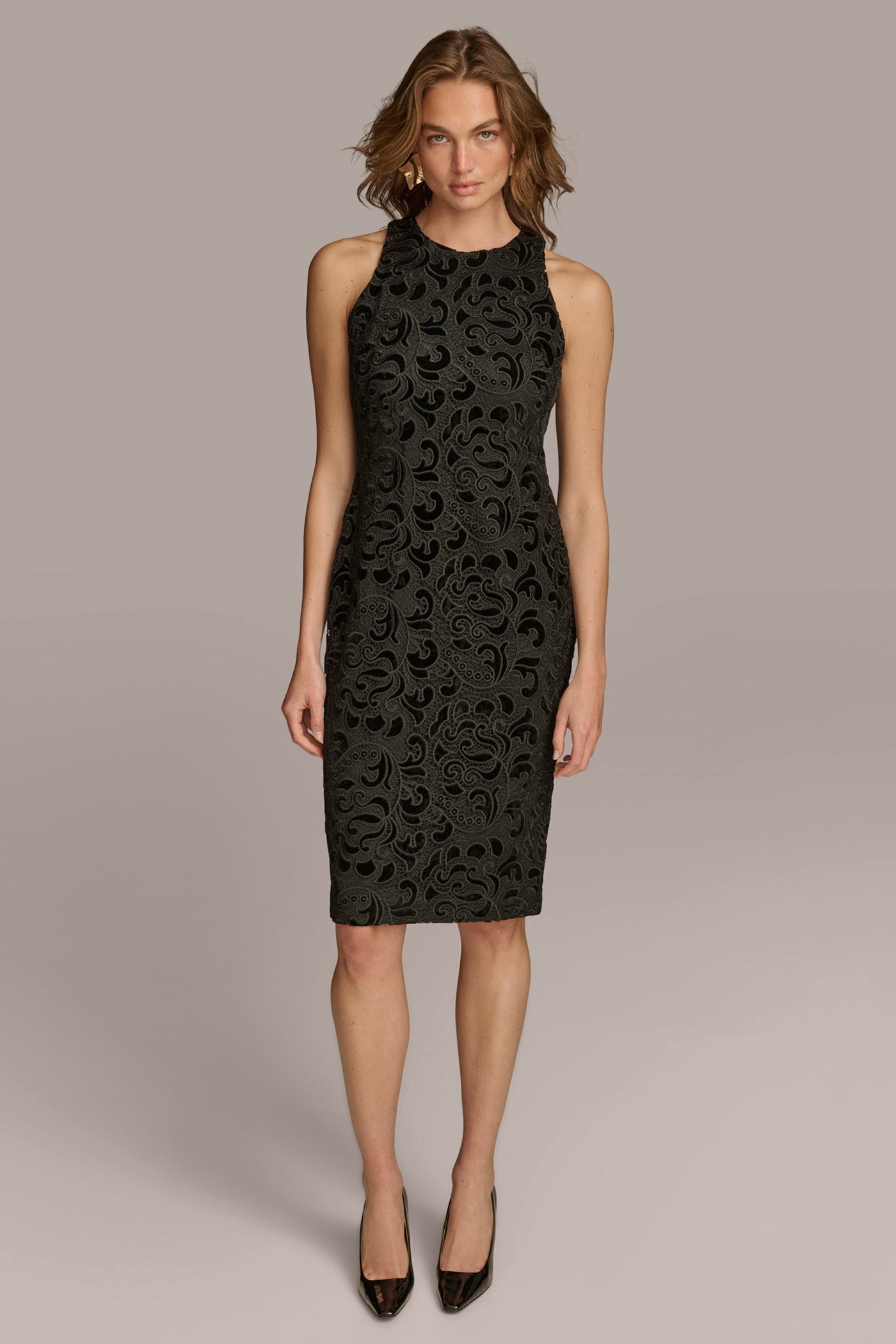 LACE VELVET BURNOUT SHEATH DRESS