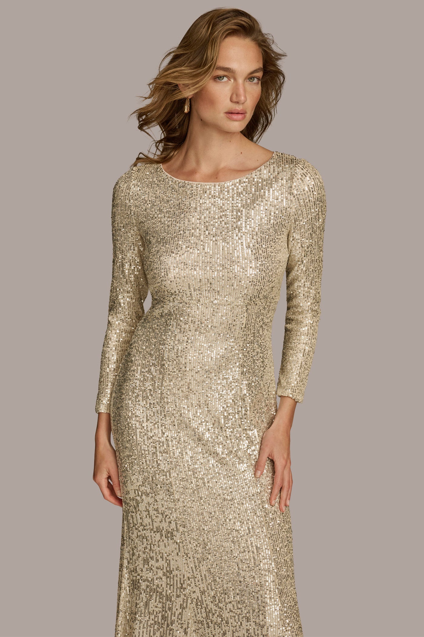 SEQUIN BOAT NECK GOWN