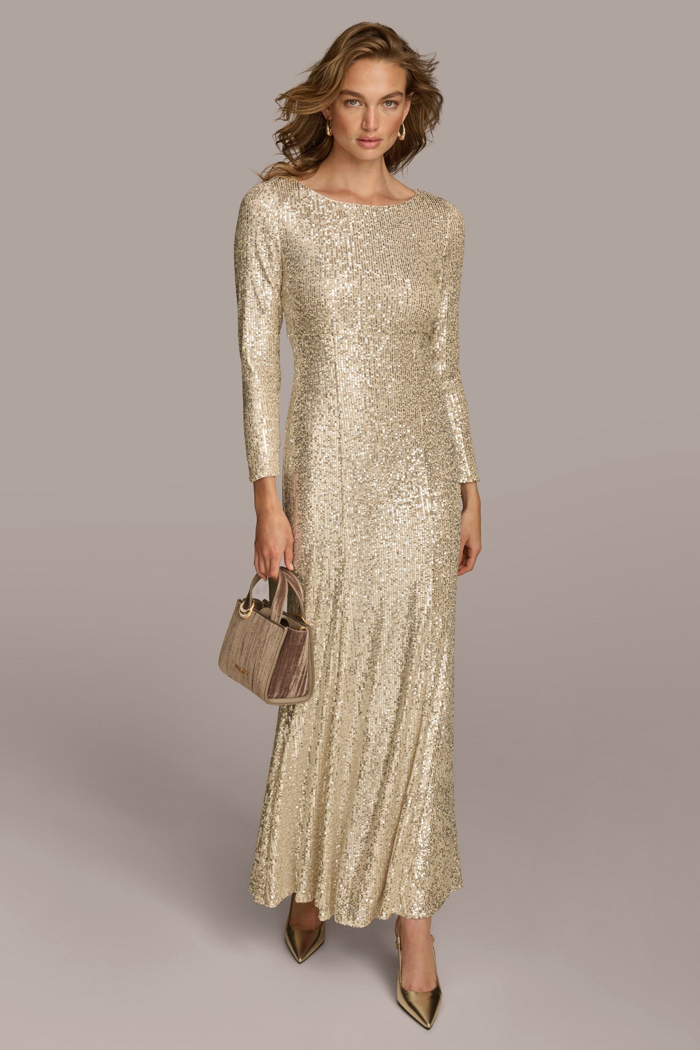 SEQUIN BOAT NECK GOWN