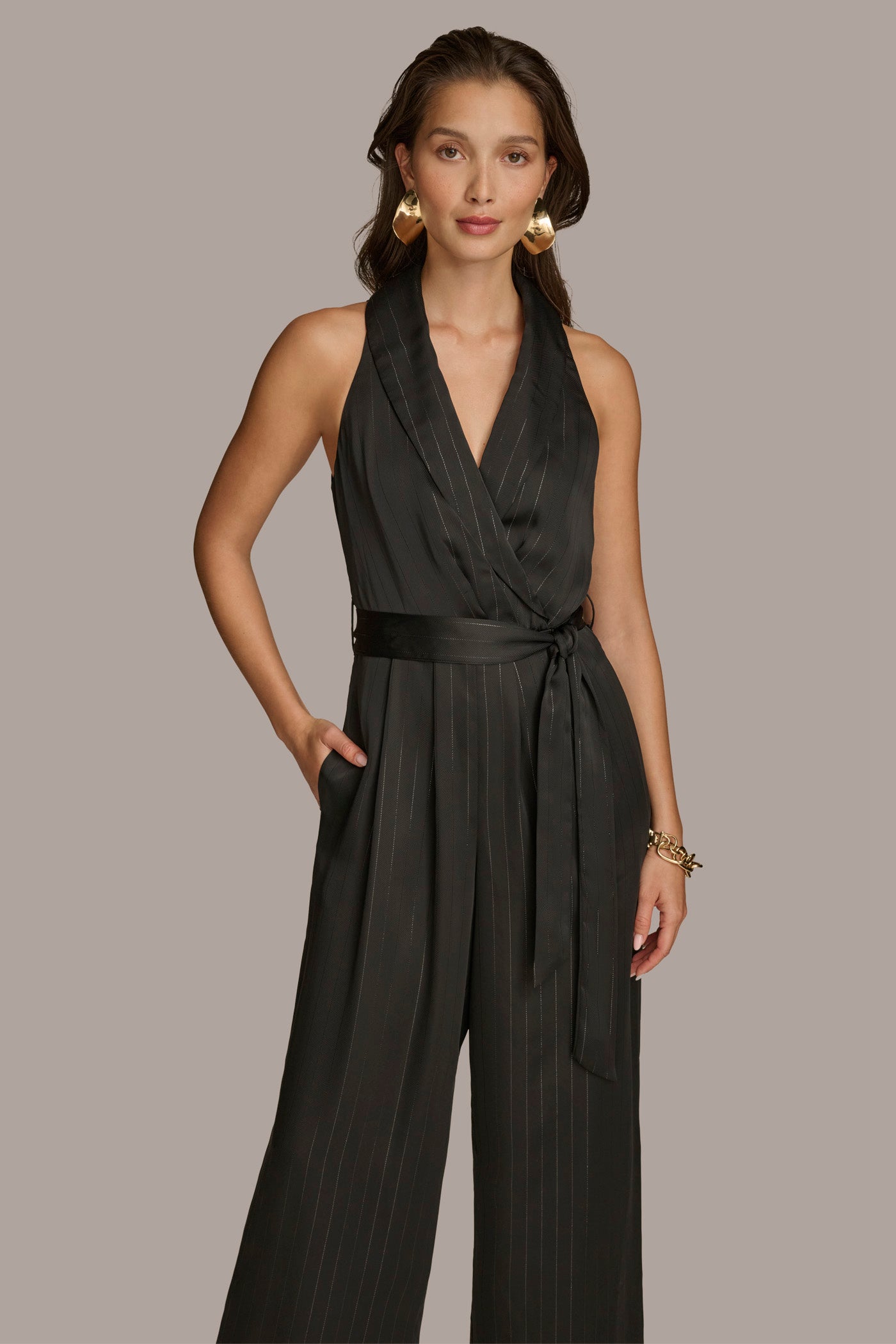 VNECK PINSTRIPE JUMPSUIT