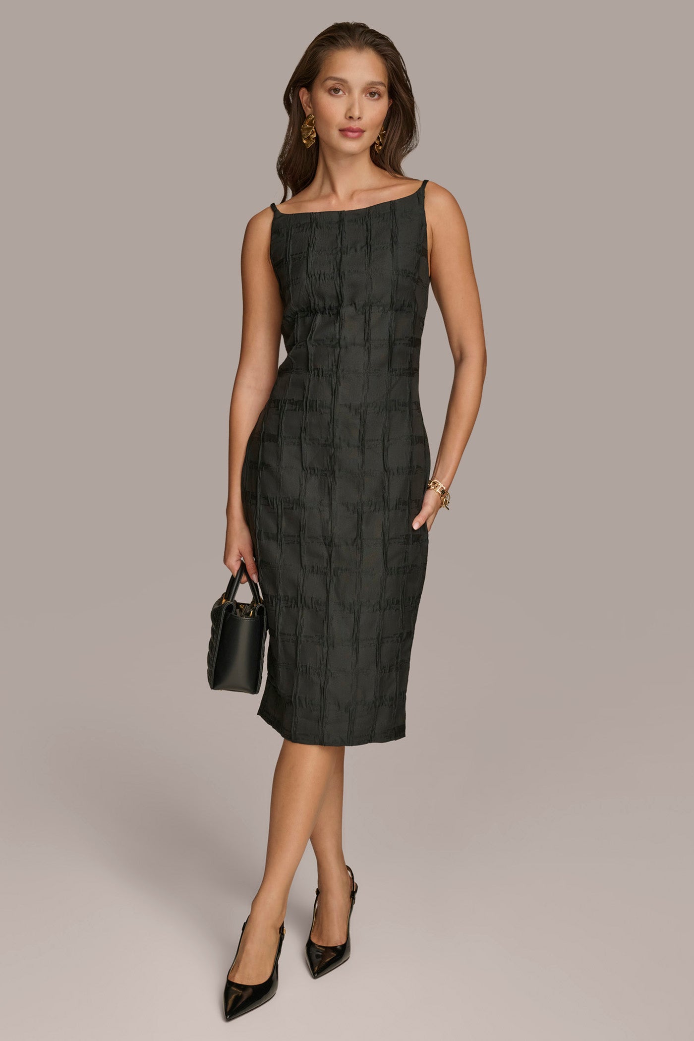 PLAID JACQUARD MIDI SHEATH DRESS