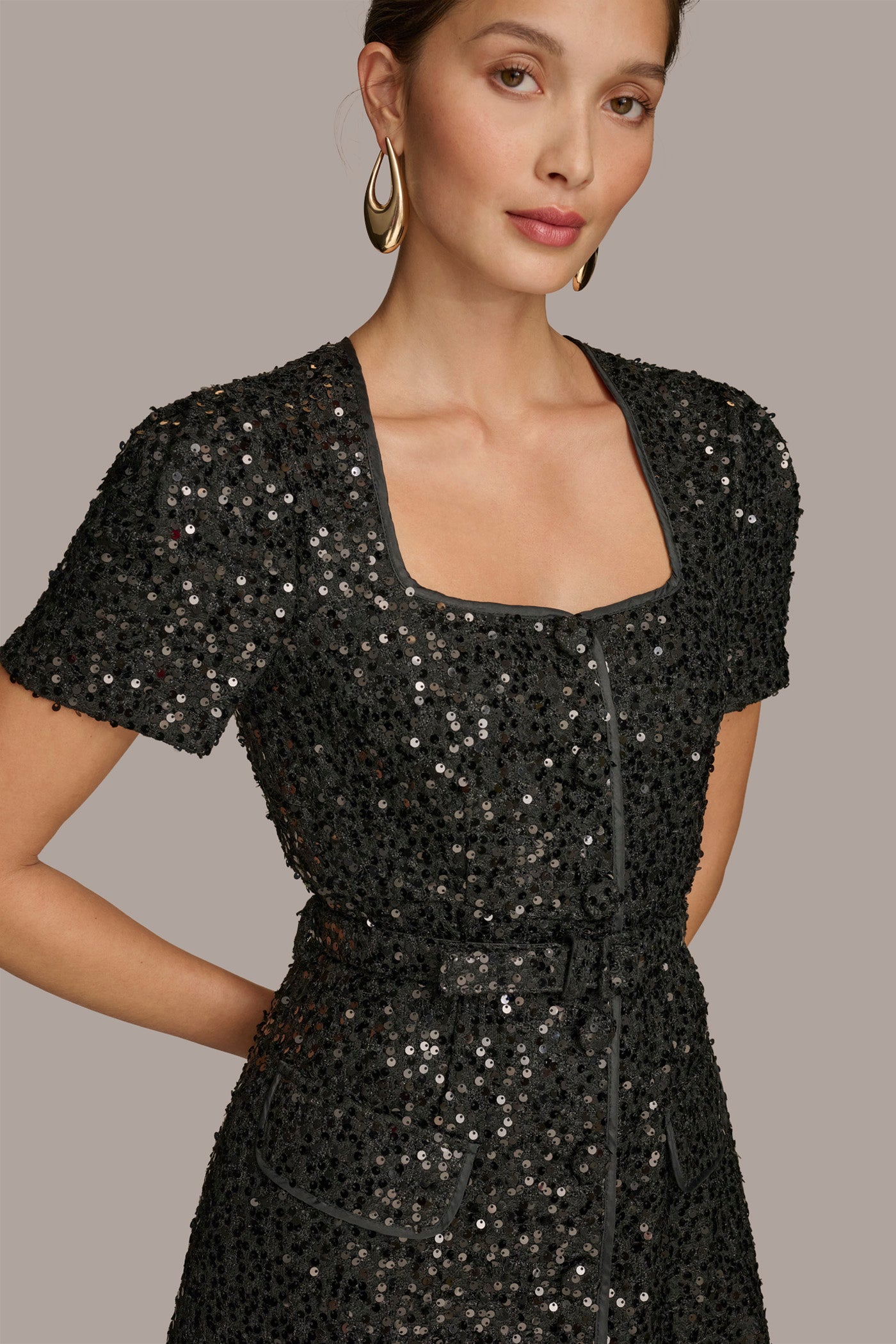 SQUARE NECK SEQUIN A LINE DRESS