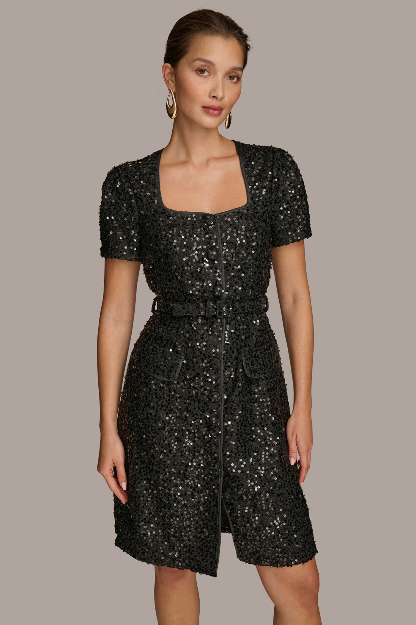 SQUARE NECK SEQUIN A LINE DRESS