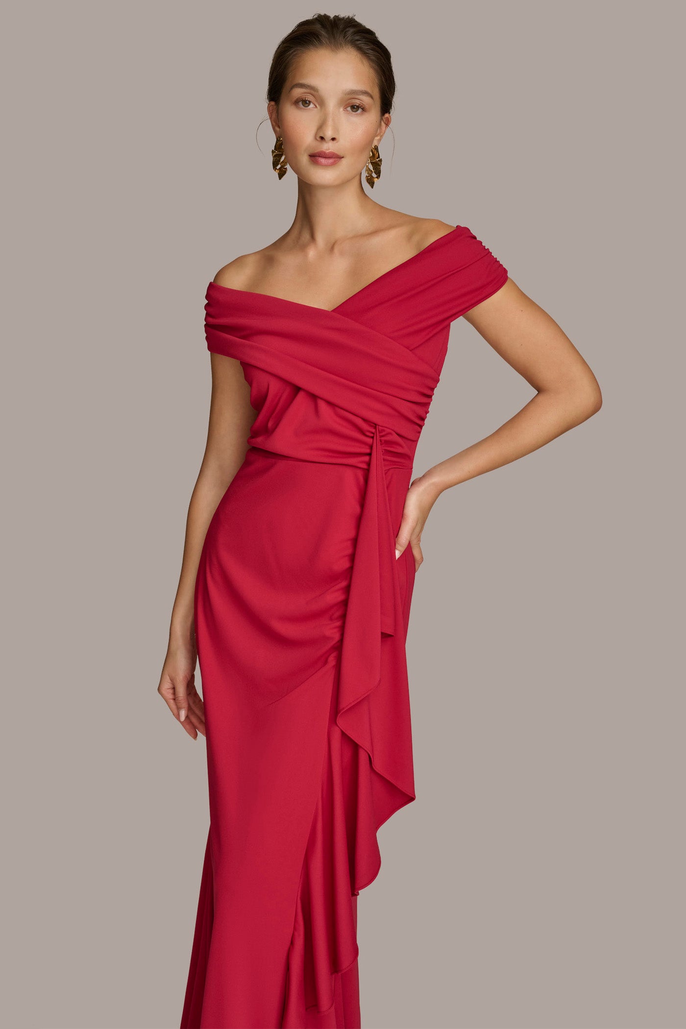 ASYMMETRICAL NECK DRAPED GOWN