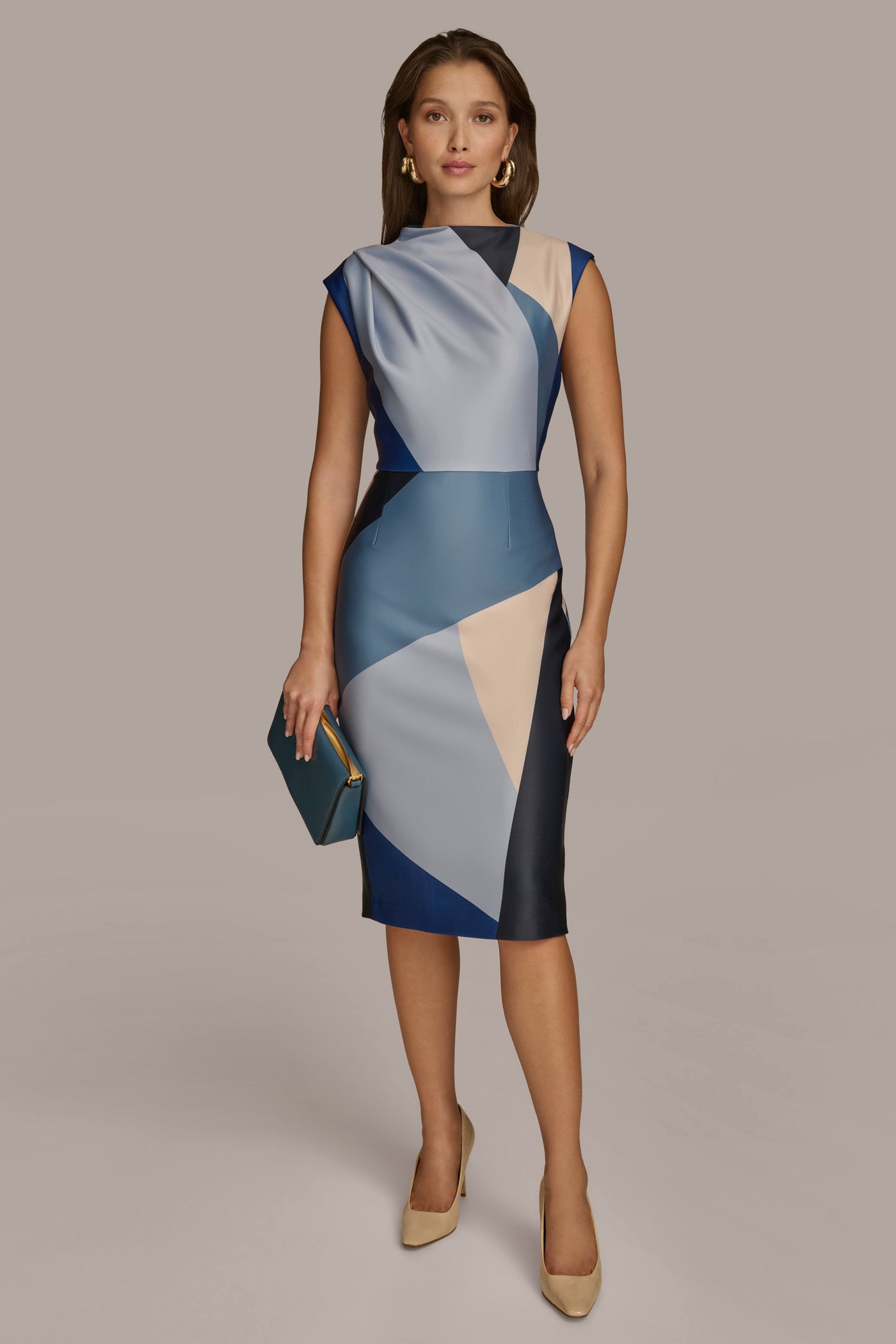 ASYMMETRICAL NECK GEOMETRIC MIDI DRESS Donna Karan