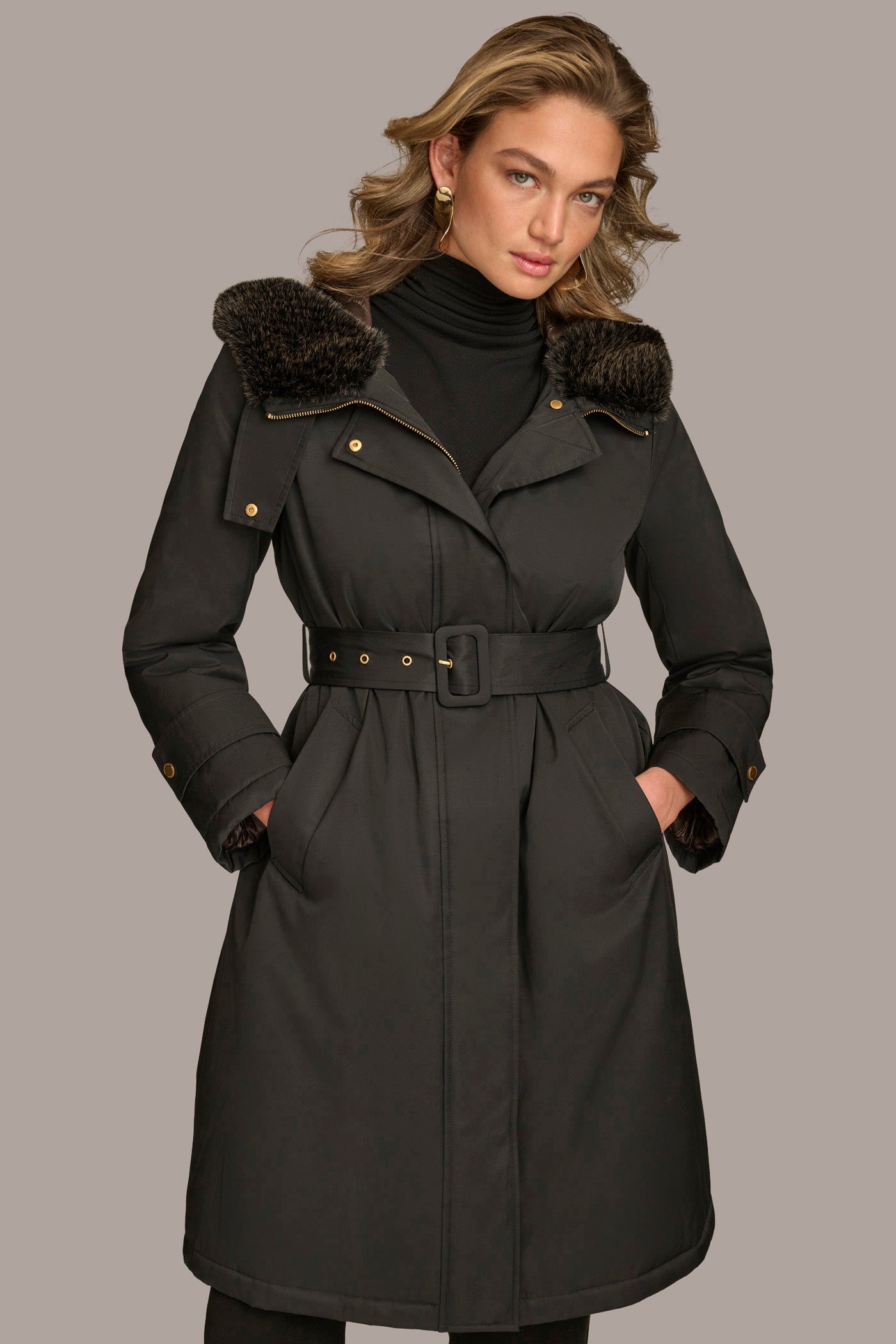 FAUX FUR TRIM LINED RAIN COAT