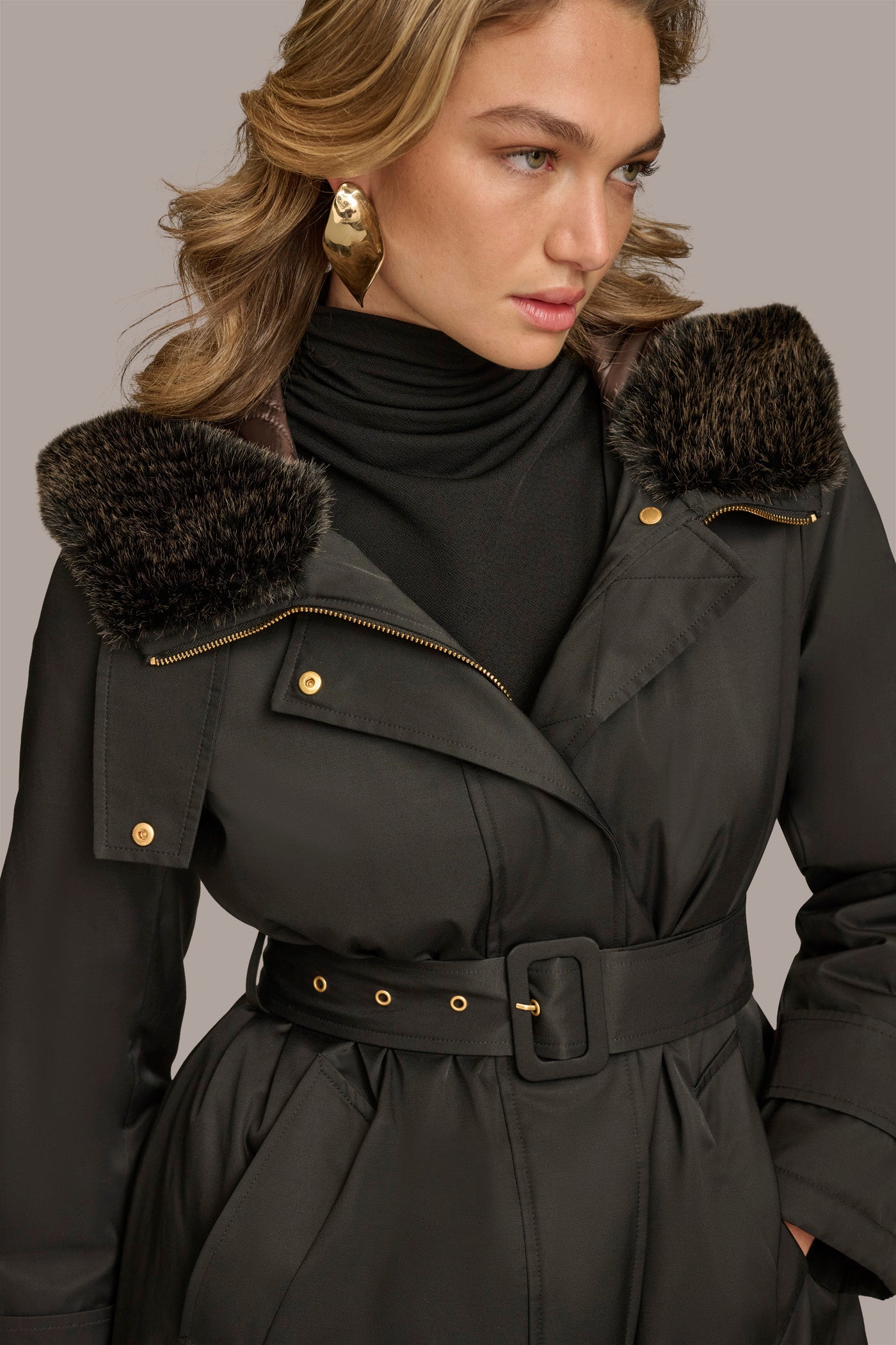 FAUX FUR TRIM LINED RAIN COAT