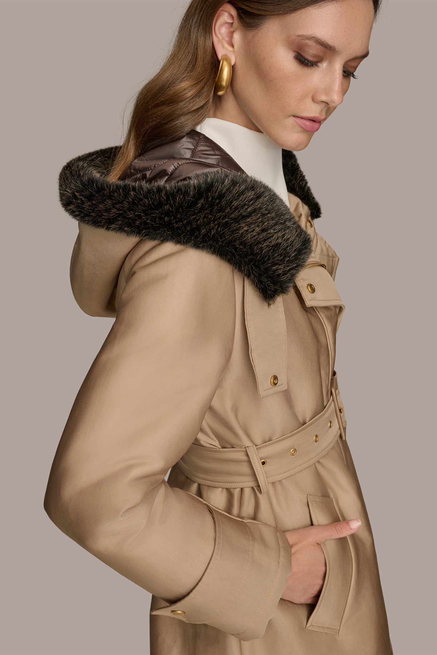 FAUX FUR TRIM LINED RAIN COAT