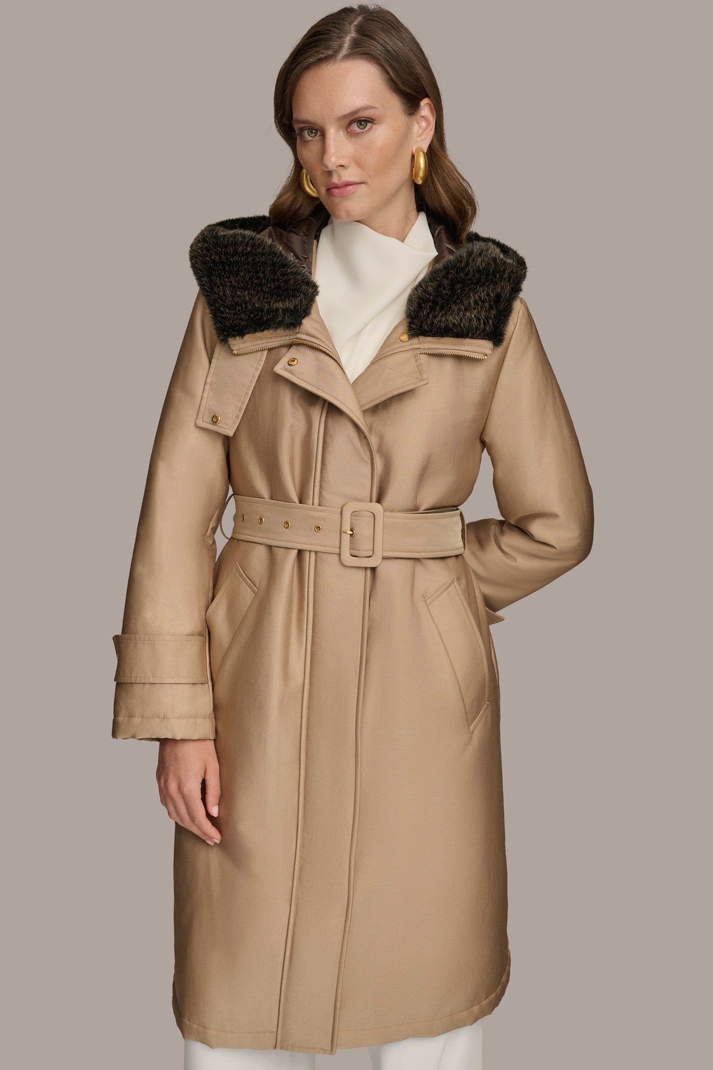 FAUX FUR TRIM LINED RAIN COAT