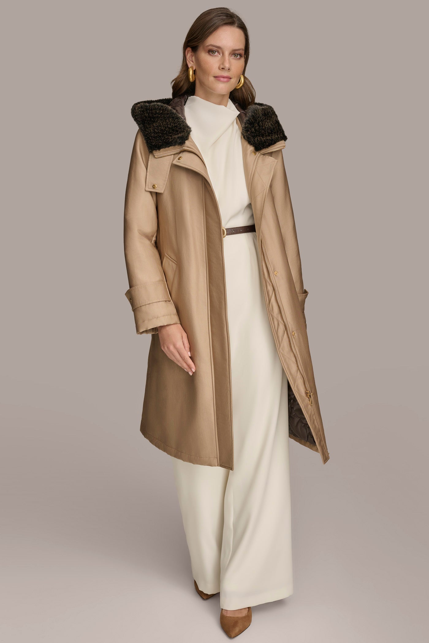 FAUX FUR TRIM LINED RAIN COAT