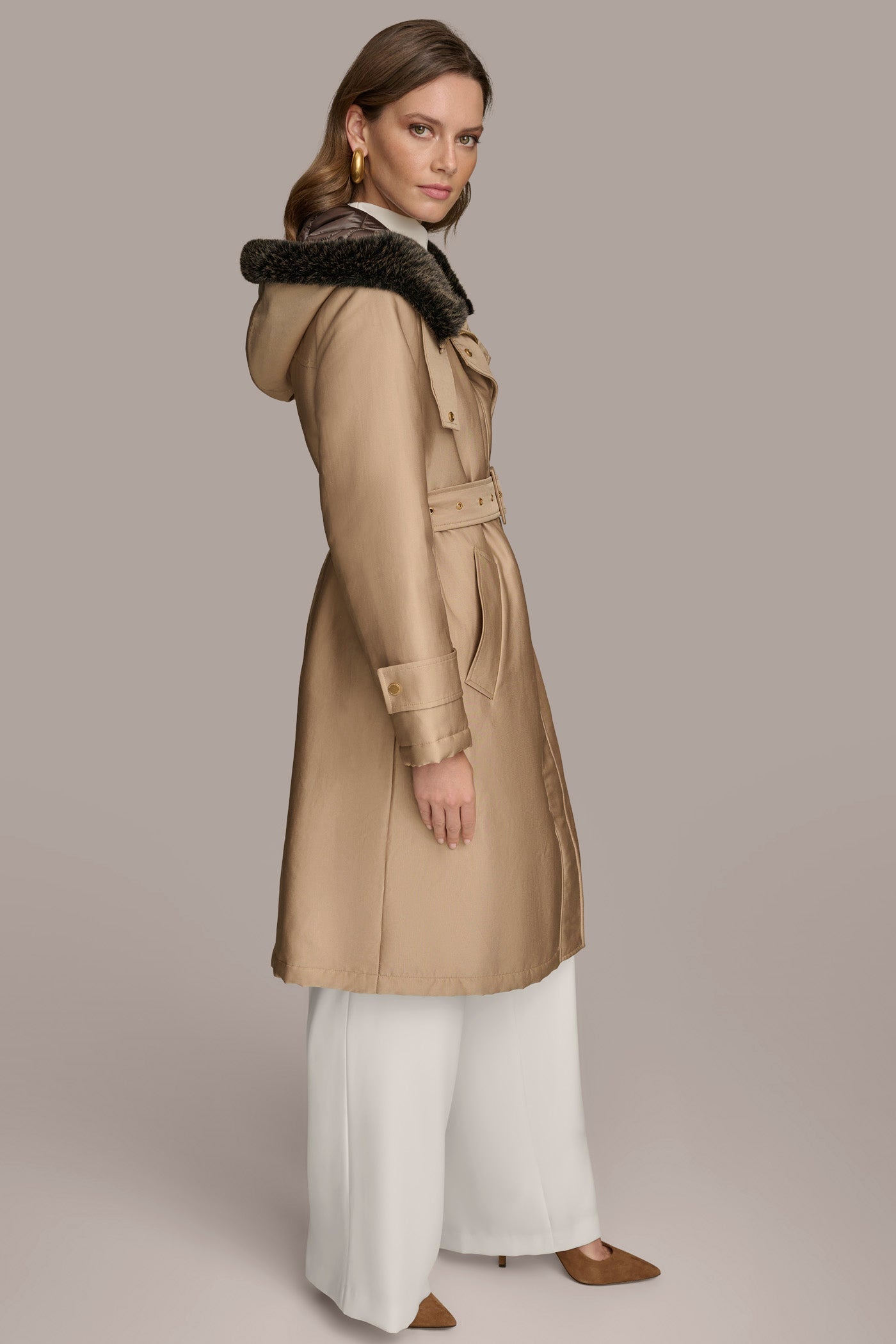 FAUX FUR TRIM LINED RAIN COAT