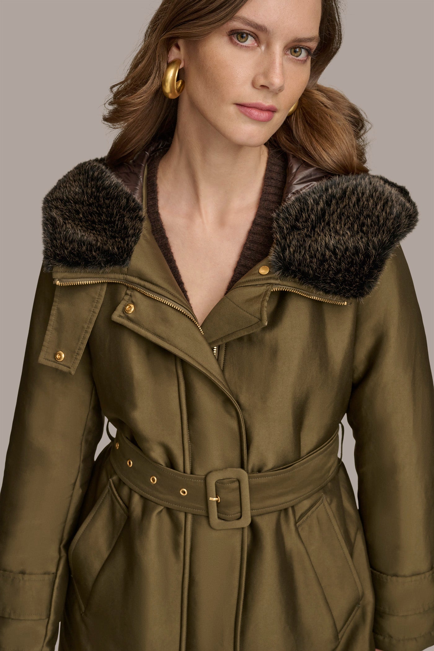 FAUX FUR TRIM LINED RAIN COAT