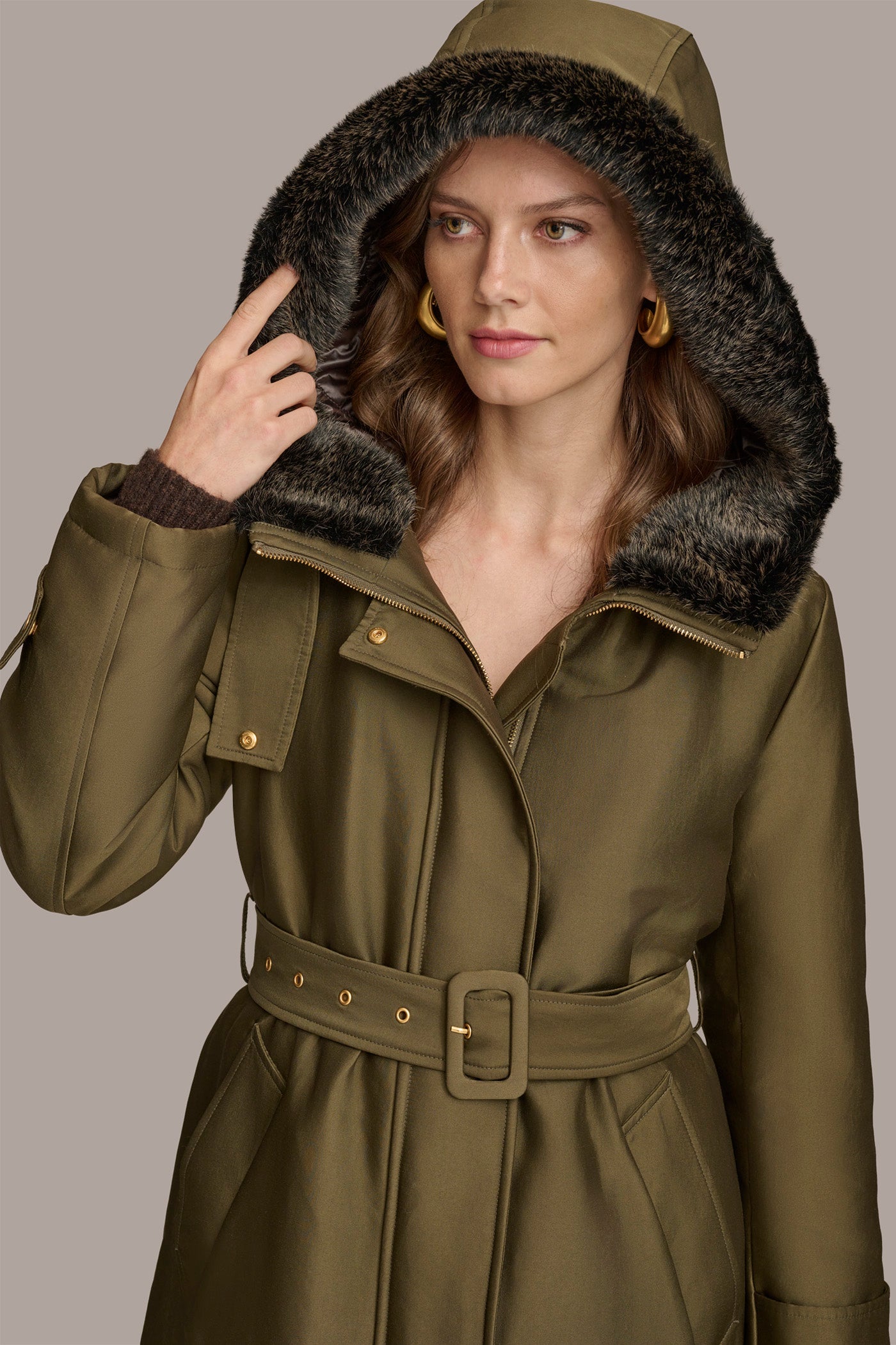 FAUX FUR TRIM LINED RAIN COAT