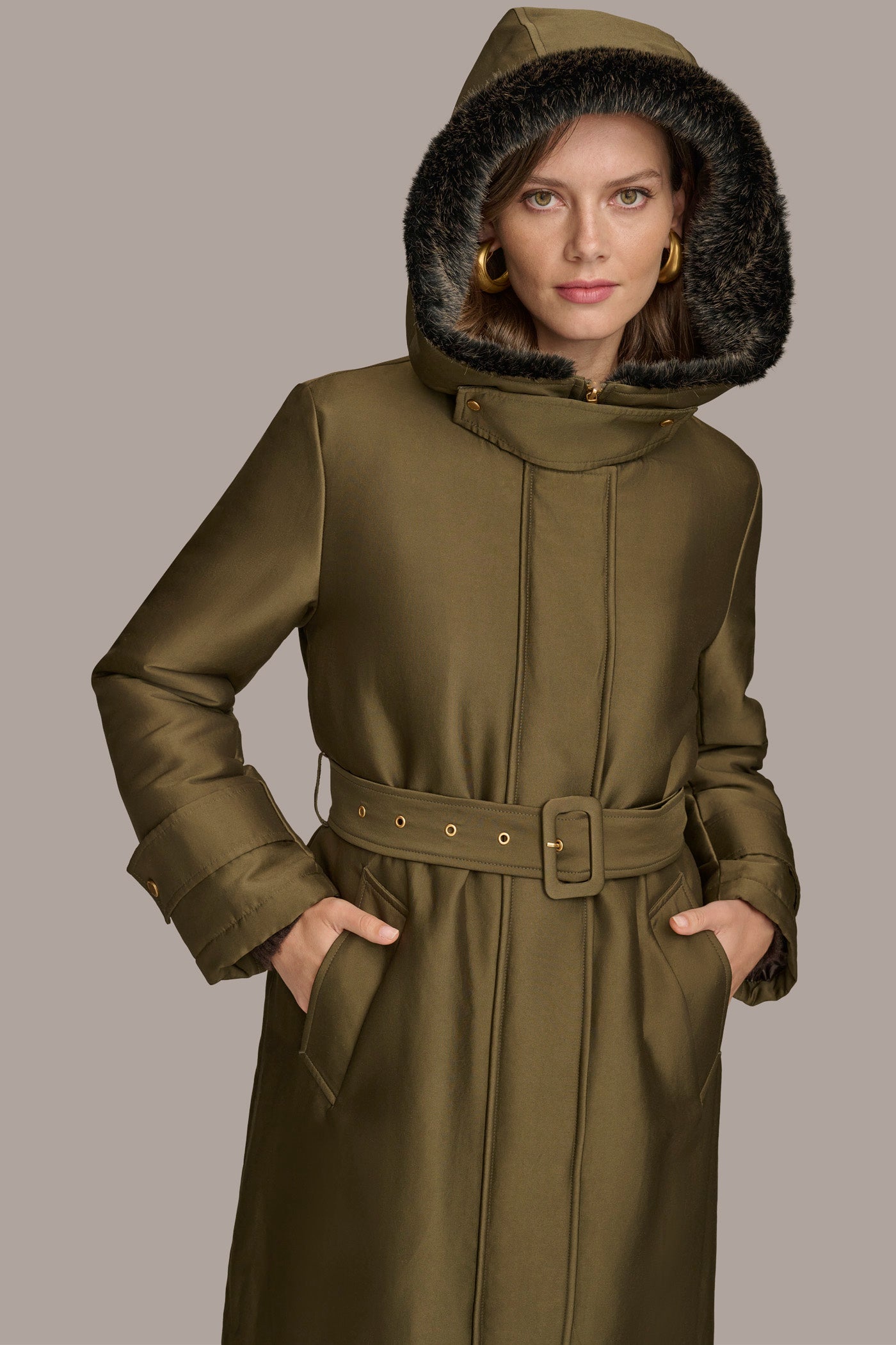 FAUX FUR TRIM LINED RAIN COAT