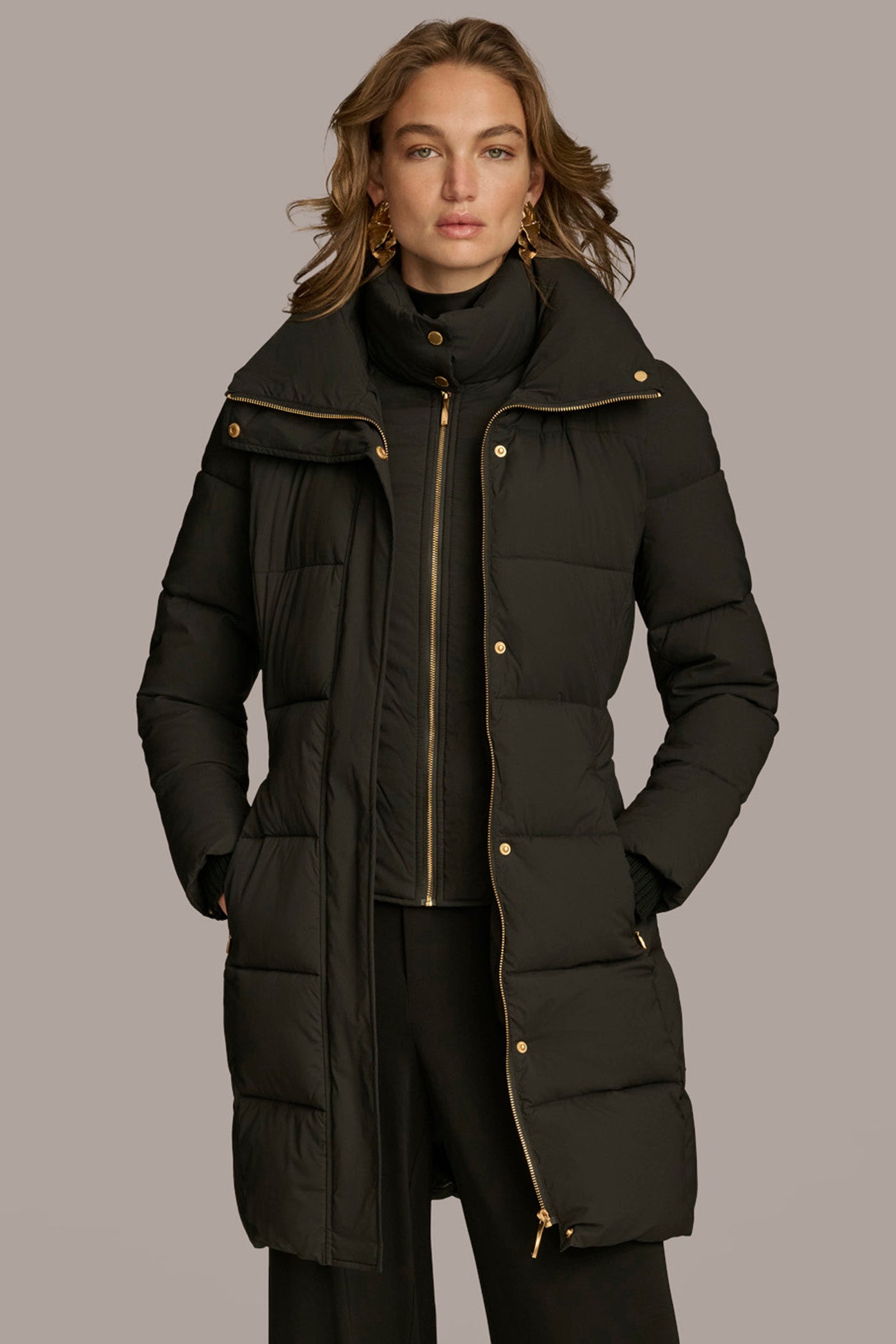 Long Hooded Bib Front Belted Puffer Coat Donna Karan