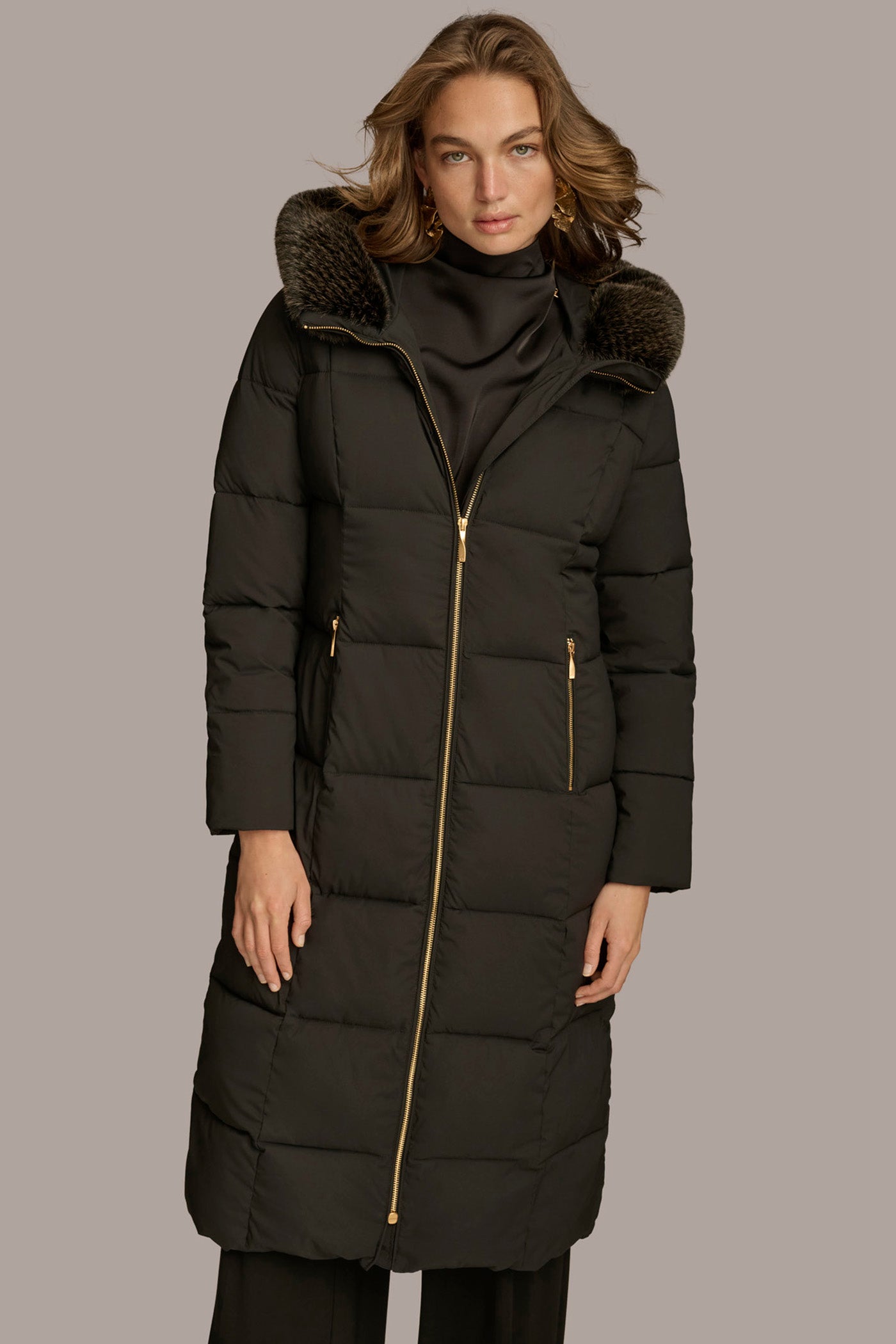 Long Hooded Puffer Coat with Faux Fur Trim Donna Karan