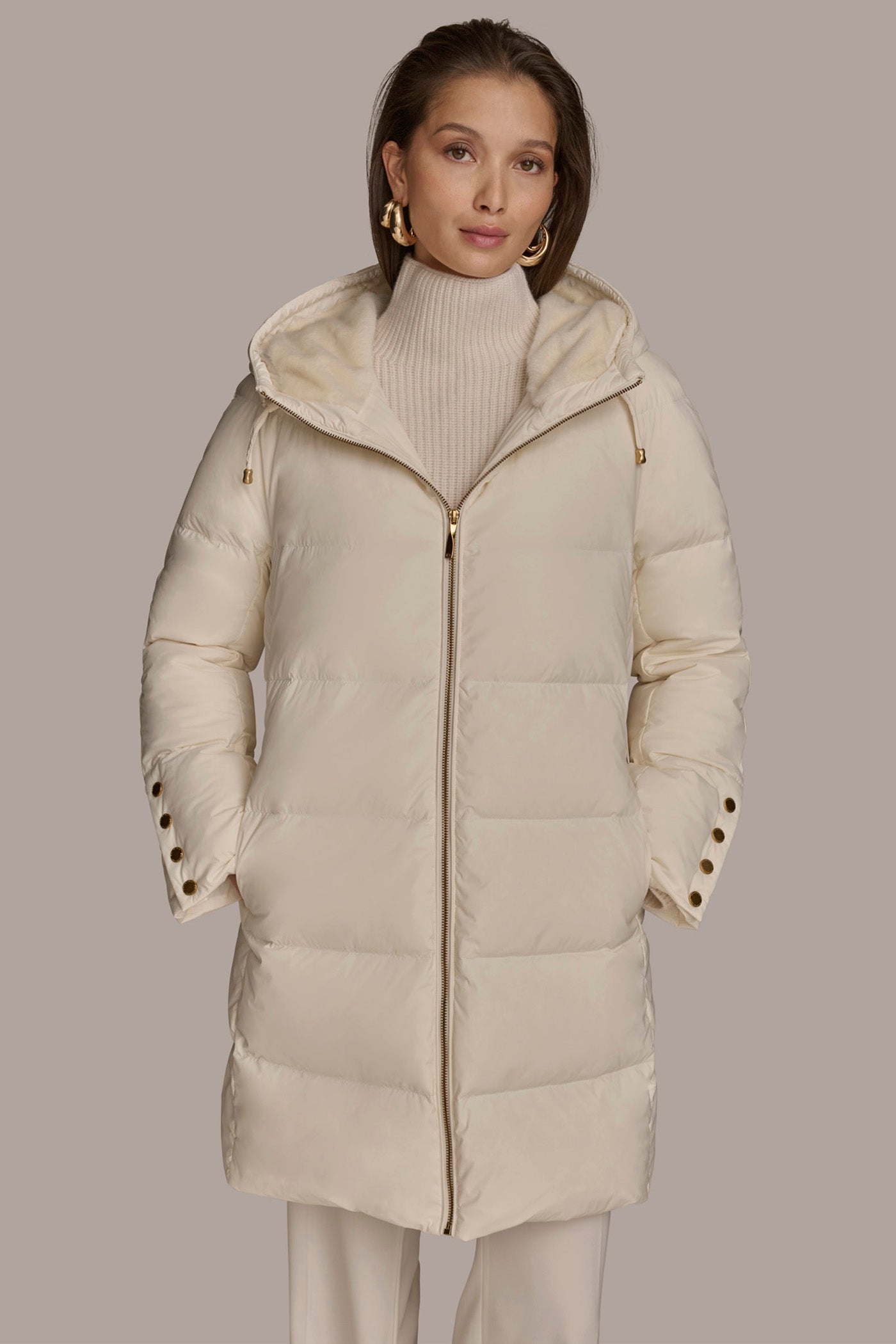 Donna Karan New York Women s Hooded Down Puffer Coat Cream Size XL