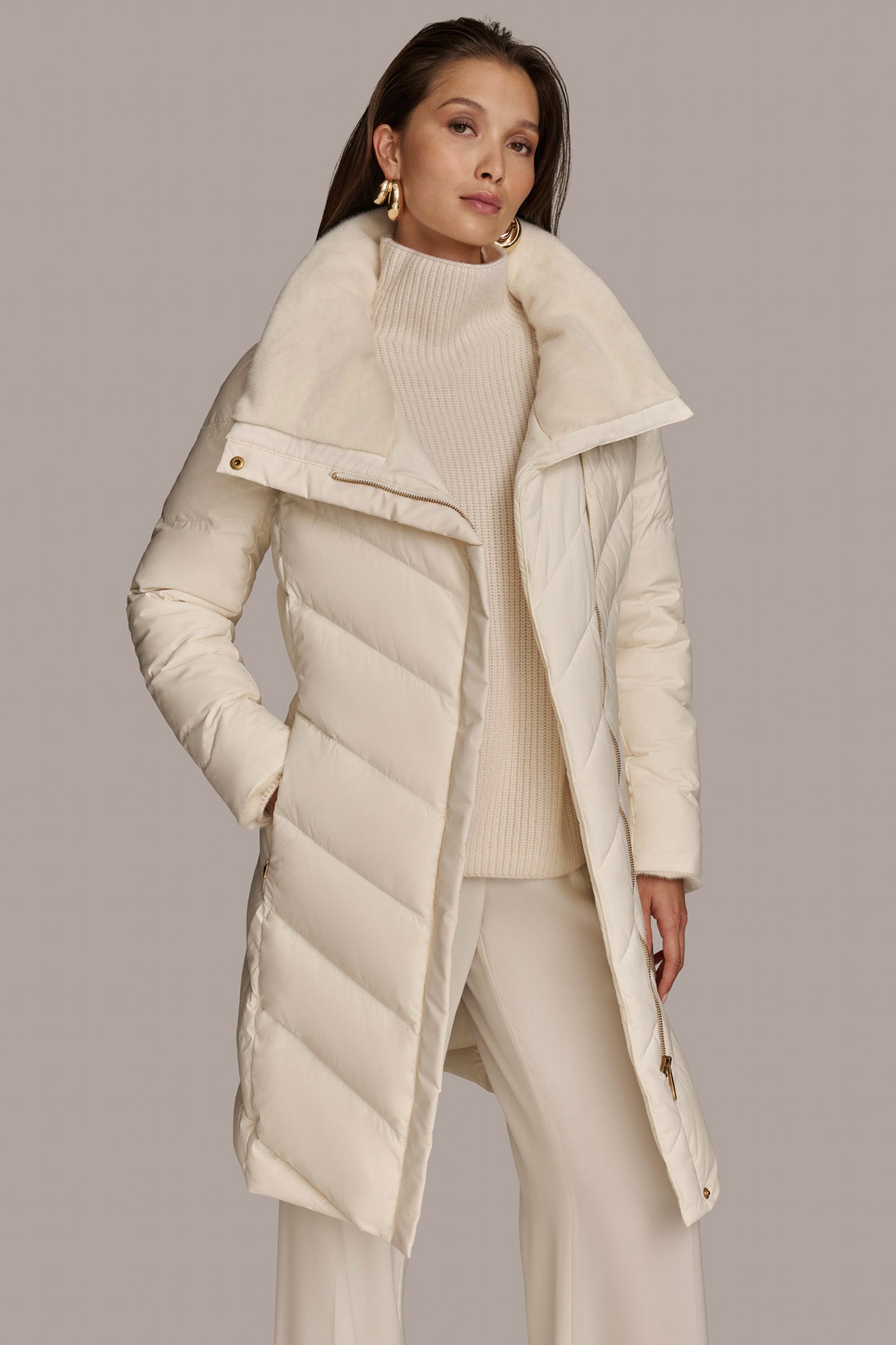 Donna Karan Women s Long Down Filled Puffer Coat in Cream Size XXL